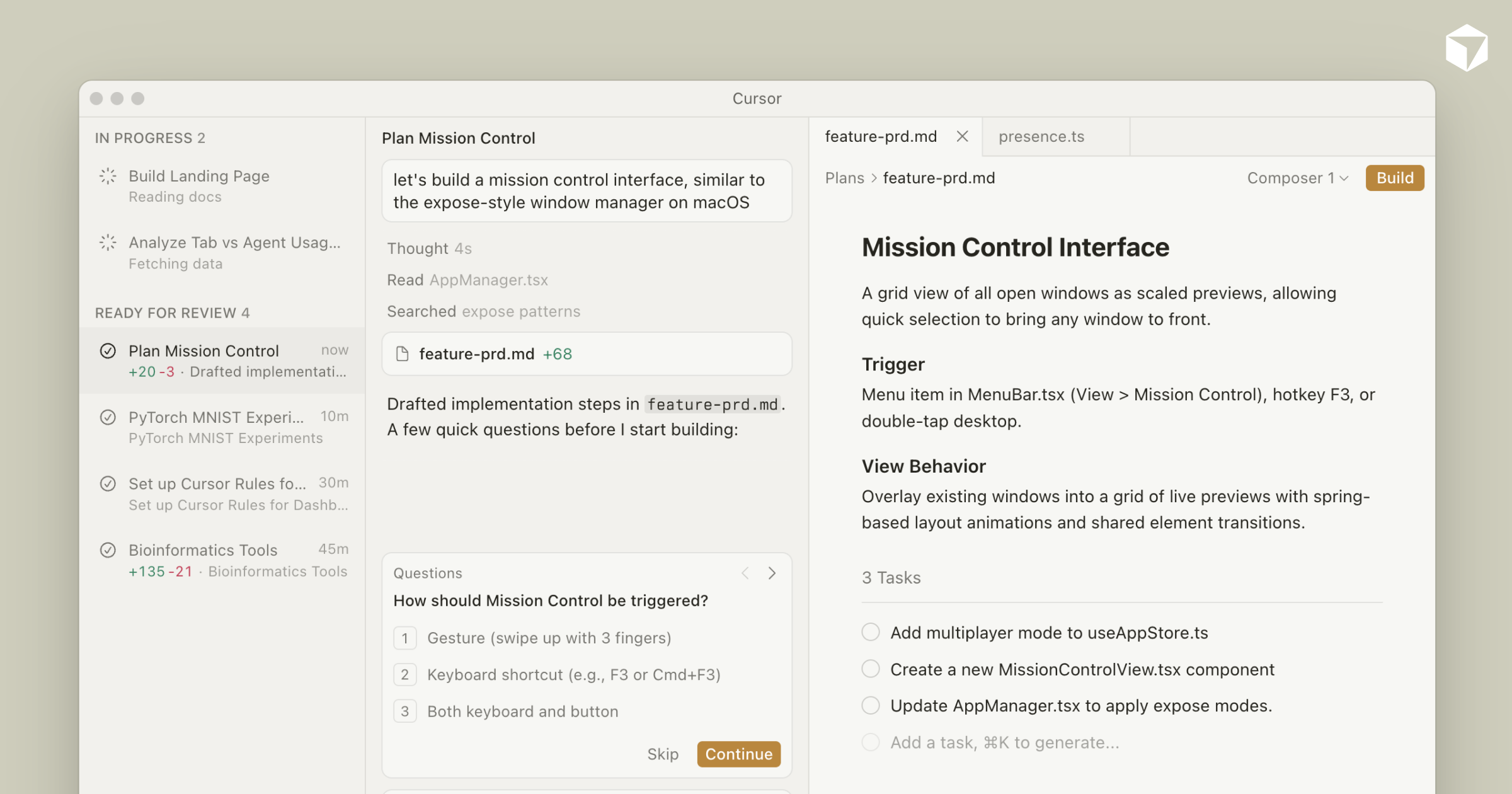 Cursor showing agents, a product plan, and implementation tasks
