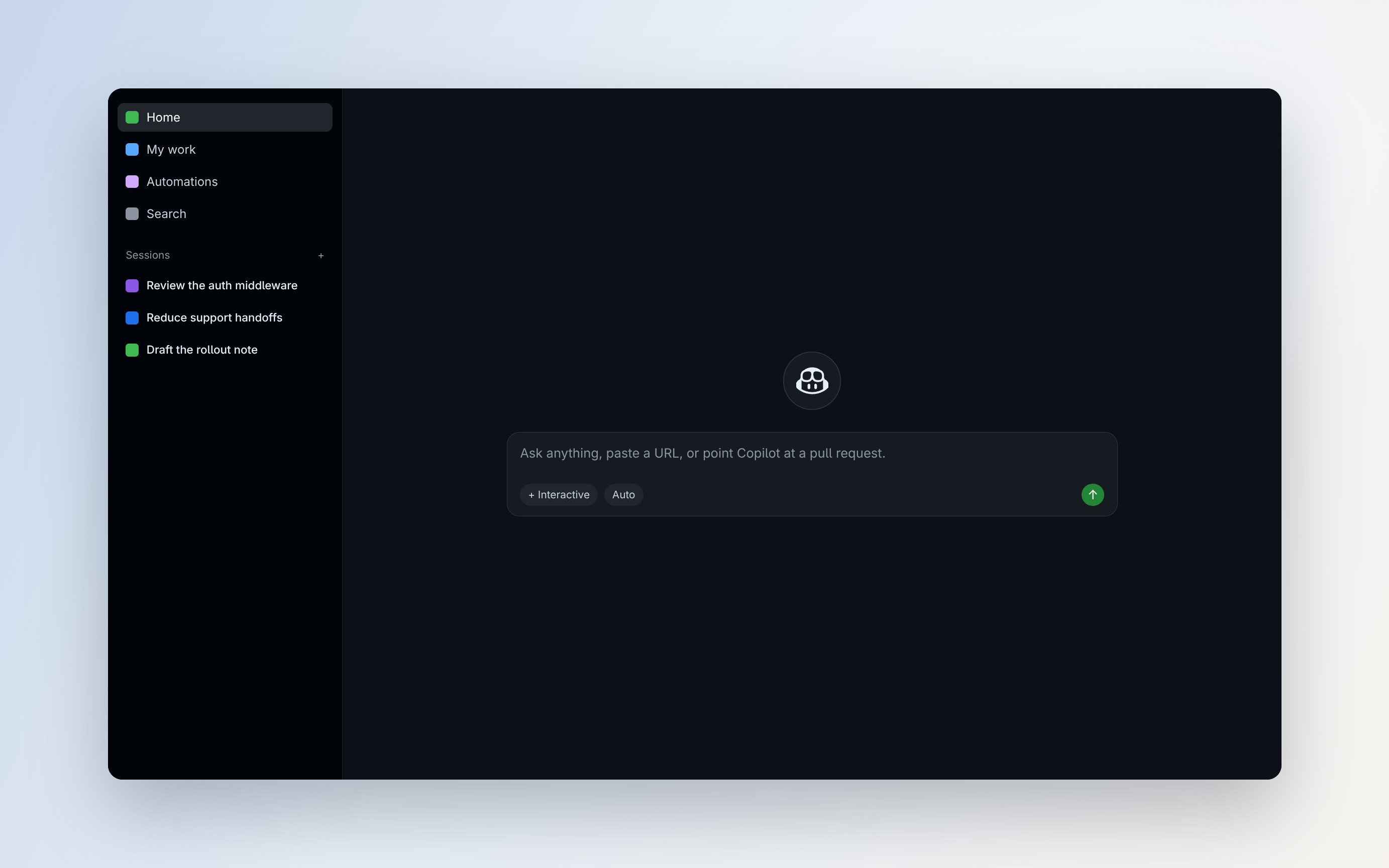 GitHub Copilot app with sessions and a prompt